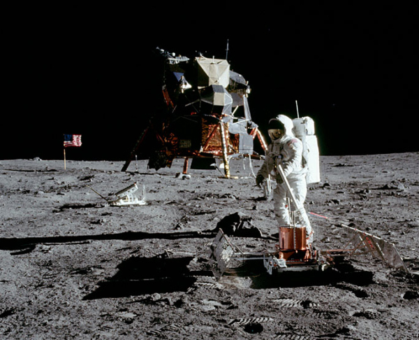 Buzz Aldrin on the Moon with a lunar seismic experiment, July 20, 1969 (NASA photo)